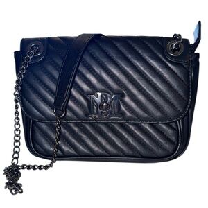 Badgley Mischka Black Quilted Vegan Leather Crossbody Bag Chain Strap Logo